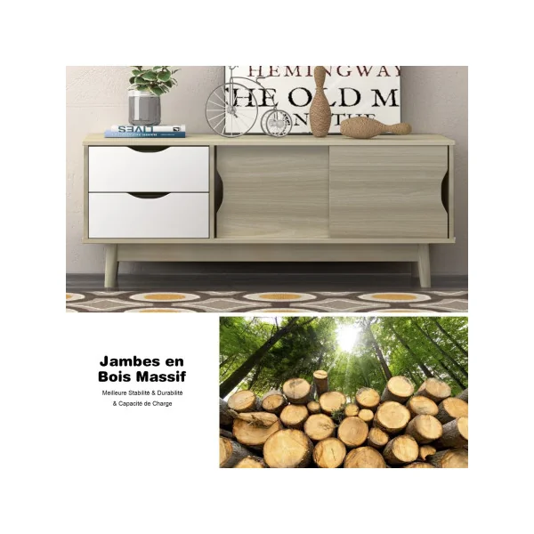 Meuble TV 120 cm Moderne avec 2 Tiroirs 2 Portes Coulissantes Blanc et Chêne Gris