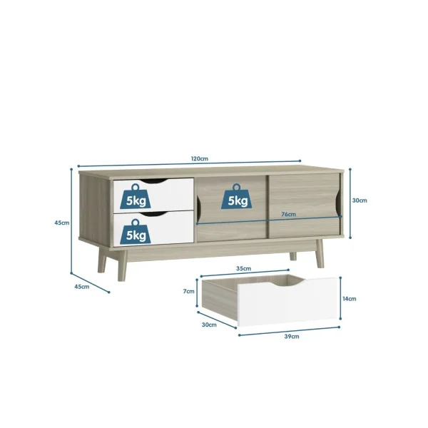 Meuble TV 120 cm Moderne avec 2 Tiroirs 2 Portes Coulissantes Blanc et Chêne Gris