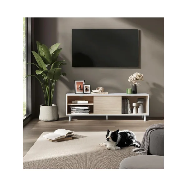 Meuble TV 140 cm Blanc et Beige Banc TV Moderne Meuble Téléviseur Design
