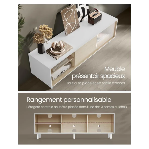 Meuble TV 140 cm Blanc et Beige Banc TV Moderne Meuble Téléviseur Design
