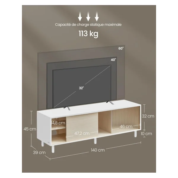 Meuble TV 140 cm Blanc et Beige Banc TV Moderne Meuble Téléviseur Design
