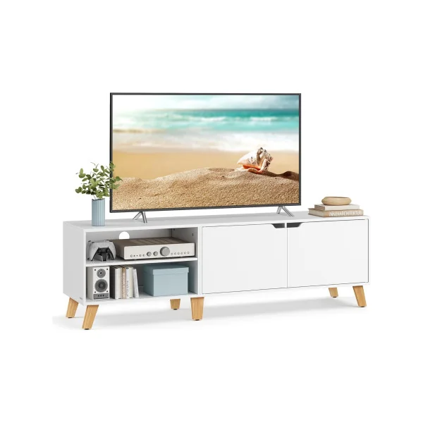 Meuble TV 140 cm Blanc Meuble Télévision 2 Portes Etagères Réglable