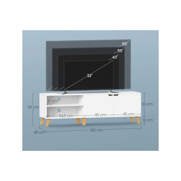 Meuble TV 140 cm Blanc Meuble Télévision 2 Portes Etagères Réglable
