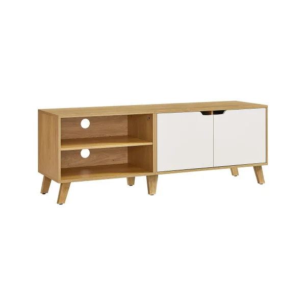 Meuble TV 140 cm Chêne et Blanc Crème Meuble Télévision 2 Portes Etagères Réglable
