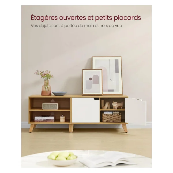 Meuble TV 140 cm Chêne et Blanc Crème Meuble Télévision 2 Portes Etagères Réglable