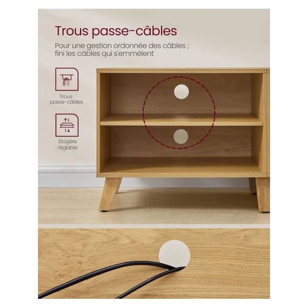 Meuble TV 140 cm Chêne et Blanc Crème Meuble Télévision 2 Portes Etagères Réglable