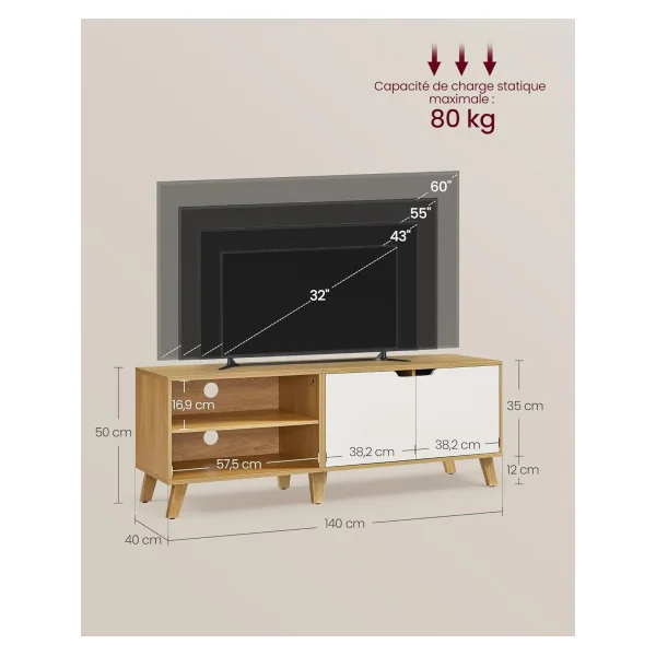 Meuble TV 140 cm Chêne et Blanc Crème Meuble Télévision 2 Portes Etagères Réglable