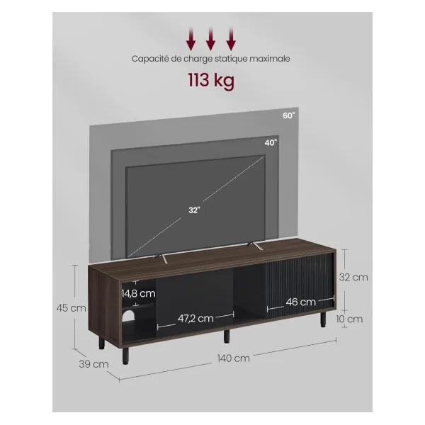 Meuble TV 140 cm Noir et Marron Banc TV Moderne Meuble Téléviseur design