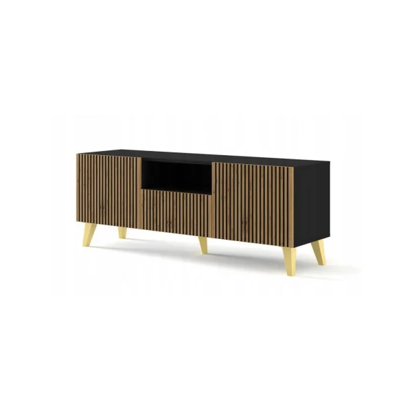 Meuble TV 150 cm Design Chêne et Noir Graphique Meuble Télévision Meuble TV Moderne
