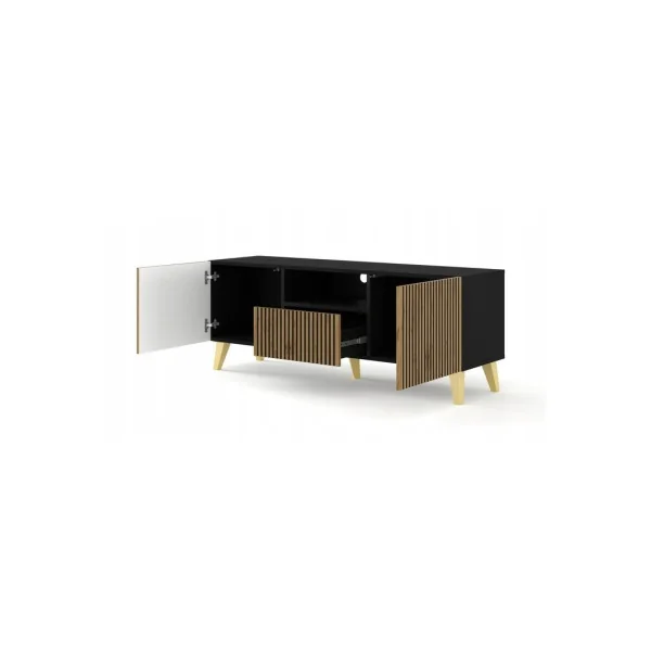 Meuble TV 150 cm Design Chêne et Noir Graphique Meuble Télévision Meuble TV Moderne