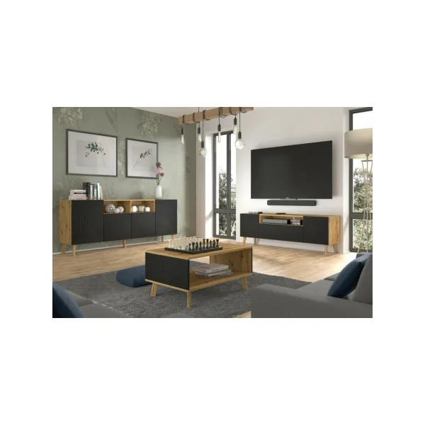 Meuble TV 160 cm Chêne et Noir Graphique Meuble Télévision Meuble TV Moderne