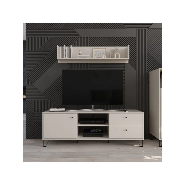 Meuble TV 2 Tiroirs Blanc Beige Meuble Télévision avec Placard Meuble Télé Moderne
