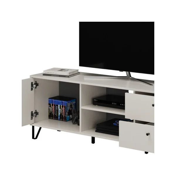 Meuble TV 2 Tiroirs Blanc Beige Meuble Télévision avec Placard Meuble Télé Moderne
