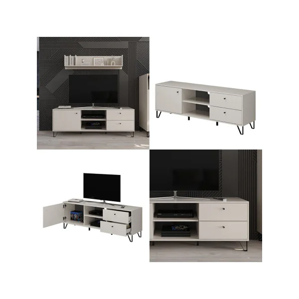 Meuble TV 2 Tiroirs Blanc Beige Meuble Télévision avec Placard Meuble Télé Moderne