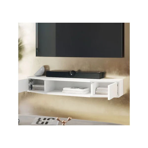 Meuble TV Blanc 110 cm 2 Portes Meuble Télévision Moderne Meuble Télé Salon