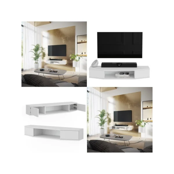 Meuble TV Blanc 110 cm 2 Portes Meuble Télévision Moderne Meuble Télé Salon