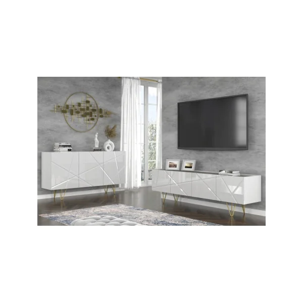 Meuble TV Blanc Brillant Béton Moderne Meuble Téléviseur 4 Placards Pieds Dorés