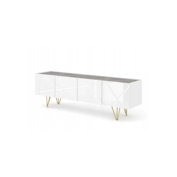 Meuble TV Blanc Brillant Béton Moderne Meuble Téléviseur 4 Placards Pieds Dorés