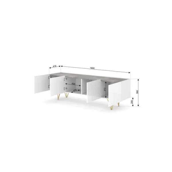 Meuble TV Blanc Brillant Béton Moderne Meuble Téléviseur 4 Placards Pieds Dorés