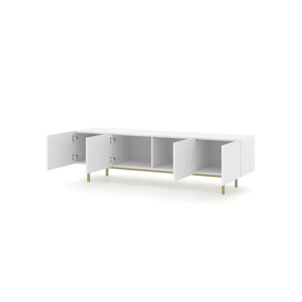 Meuble TV Blanc Brillant Graphique Moderne Meuble Téléviseur 4 Placards Pieds Dorés