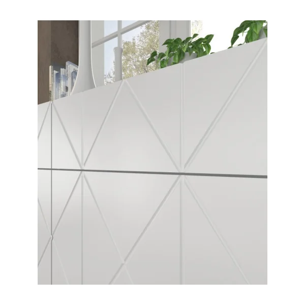 Meuble TV Blanc Brillant Graphique Moderne Meuble Téléviseur 4 Placards Pieds Dorés