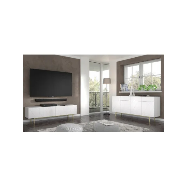 Meuble TV Blanc Brillant Graphique Moderne Meuble Téléviseur 4 Placards Pieds Dorés