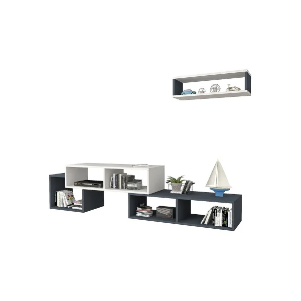 Meuble TV Blanc et Anthracite Moderne 170 cm avec 1 Etagère Murales Meuble Télévision Blanc