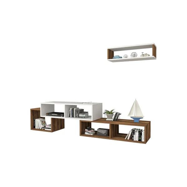 Meuble TV Blanc et Chêne Antique Moderne 170 cm avec 1 Etagère Murales Meuble Télévision Blanc