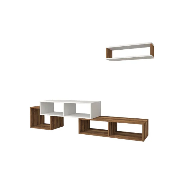Meuble TV Blanc et Chêne Antique Moderne 170 cm avec 1 Etagère Murales Meuble Télévision Blanc