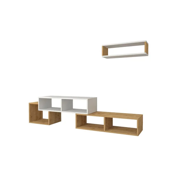 Meuble TV Blanc et Chêne Moderne 170 cm avec 1 Etagère Murales Meuble Télévision Blanc
