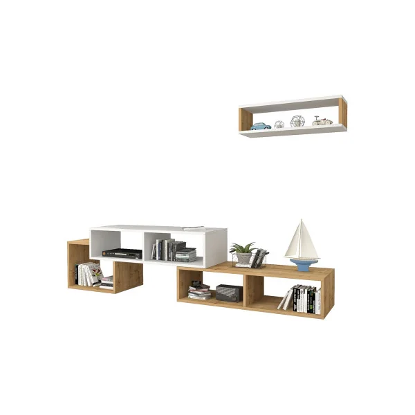 Meuble TV Blanc et Chêne Moderne 170 cm avec 1 Etagère Murales Meuble Télévision Blanc