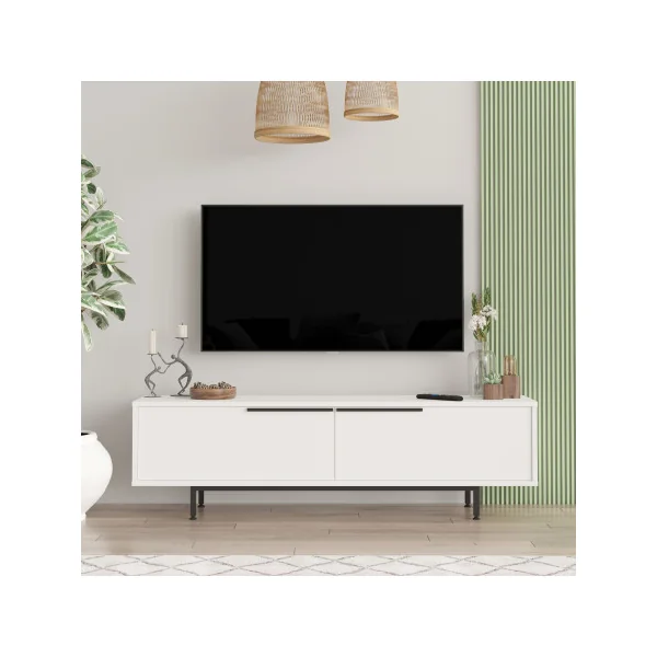 Meuble TV Blanc et Noir 2 Portes Banc Tv Pieds Métal Meuble Téléviseur