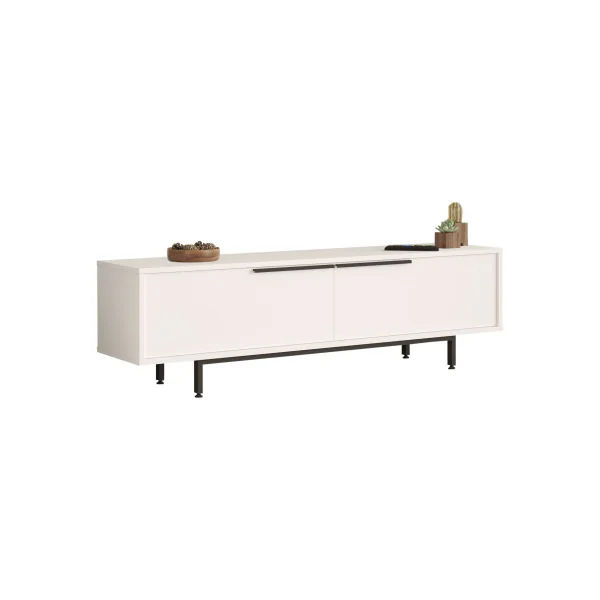 Meuble TV Blanc et Noir 2 Portes Banc Tv Pieds Métal Meuble Téléviseur