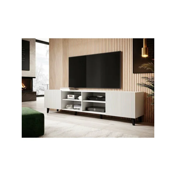 Meuble TV Blanc Luxieux Graphique Moderne Meuble Téléviseur 4 Placards Pieds Noirs