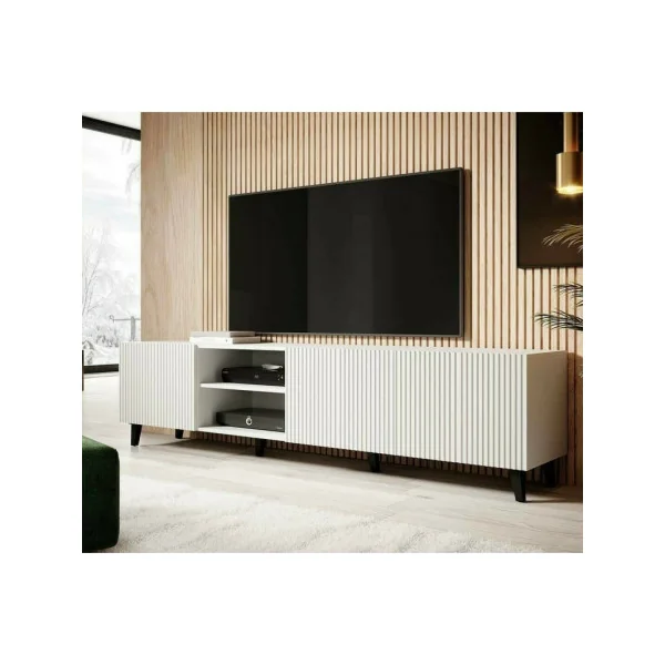 Meuble TV Blanc Luxieux Graphique Moderne Meuble Téléviseur 4 Placards Pieds Noirs