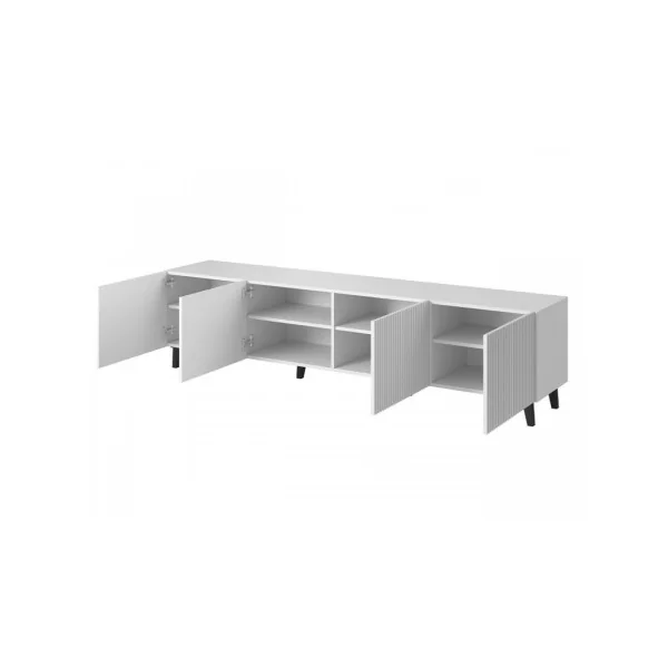 Meuble TV Blanc Luxieux Graphique Moderne Meuble Téléviseur 4 Placards Pieds Noirs