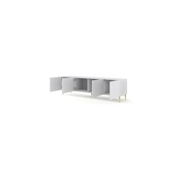 Meuble TV Blanc Mat Graphique Moderne Meuble Téléviseur 4 Placards Pieds Dorés