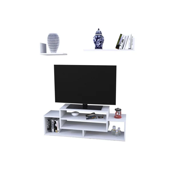 Meuble TV Blanc Moderne avec 2 Etagères Murales Meuble Télévision Blanc