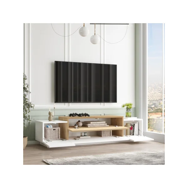 Meuble TV Chêne et Blanc 160 cm avec Rangement Banc TV Meuble Télévision Moderne