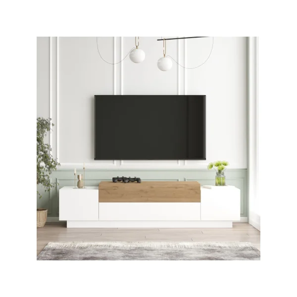 Meuble TV Chêne et Blanc 160 cm avec Rangement Banc TV Meuble Télévision Moderne