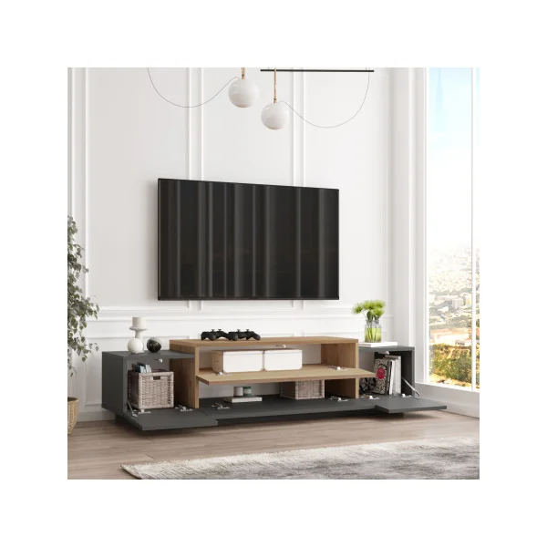Meuble TV Chêne et Gris Anthracite 160 cm avec Rangement Banc TV Meuble Télévision Moderne