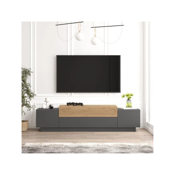 Meuble TV Chêne et Gris Anthracite 160 cm avec Rangement Banc TV Meuble Télévision Moderne