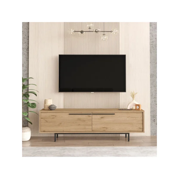Meuble TV Chêne et Noir 2 Portes Banc Tv Pieds Métal Meuble Téléviseur
