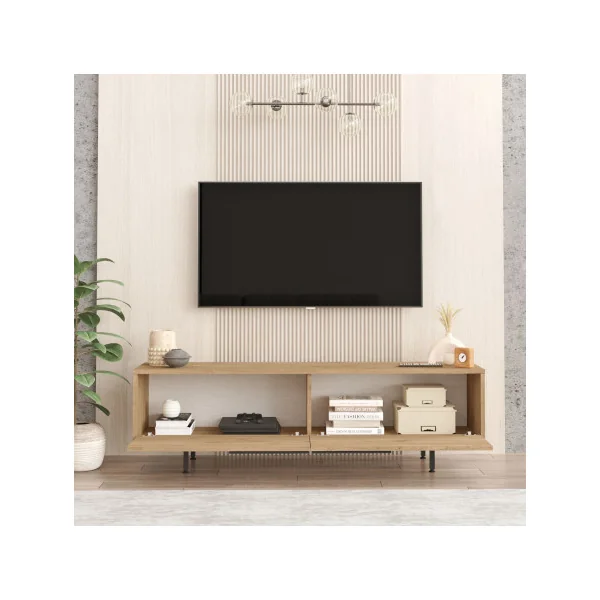 Meuble TV Chêne et Noir 2 Portes Banc Tv Pieds Métal Meuble Téléviseur