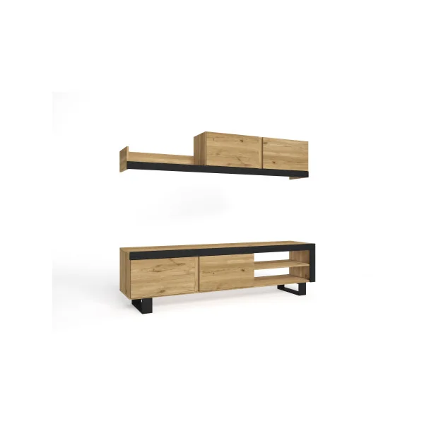 Meuble TV Chêne et Noir avec Etagère Meuble Télévision Design Meuble Télé Moderne