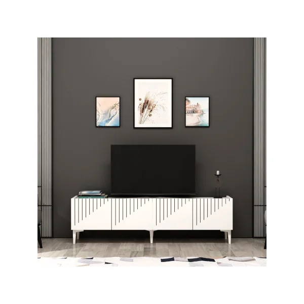 Meuble TV Design Blanc 154 cm Meuble Téléviseur avec Rangement