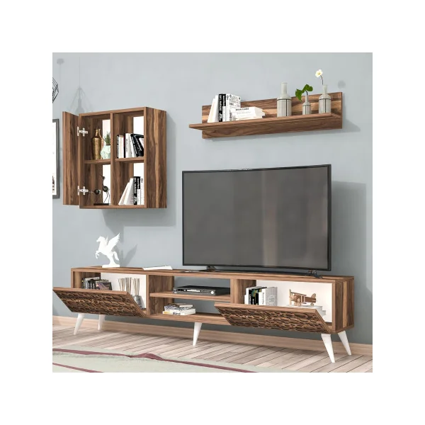 Meuble TV Effet Noyer avec Placard et Etagère Meuble Télévision Meuble Télé Moderne