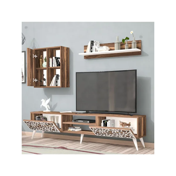 Meuble TV Effet Noyer et Blanc avec Placard et Etagère Meuble Télévision Meuble Télé Moderne