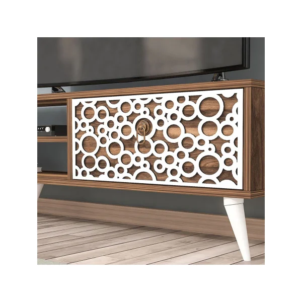 Meuble TV Effet Noyer et Blanc avec Placard et Etagère Meuble Télévision Meuble Télé Moderne