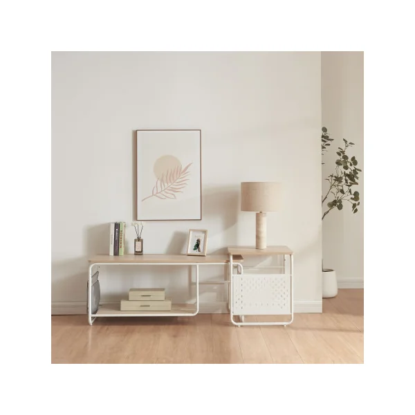 Meuble TV Métal Blanc et Bois Moderne avec Table Gigogne Meuble Télévision Industriel